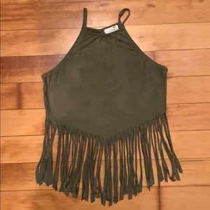 Olive Green LA Hearts Crop Top w/ fringe